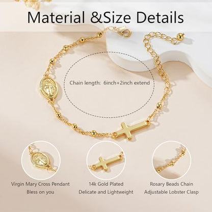 Gnamy Happy 13th 15th 16th 21th 30th 40th 50th Birthday Bracelet Gifts for Women Girls, 14k Gold Plated Virgin Mary Cross Bracelet Catholic Religious Friendship Jewelry for Her - style: 60th Birthday