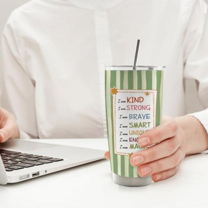 Green Striped Inspirational Kids 20oz Travel Coffee Mug Tumbler - color: iam2