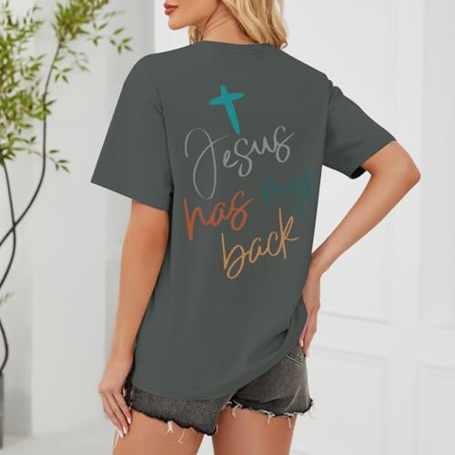 Tuislay Christian Shirts for Women Jesus Has My Back Tshirt God Bible Verse Shirt Faith Cross T Shirts Inspirational Tees Top - color: Deep Gray, size: XX-Large