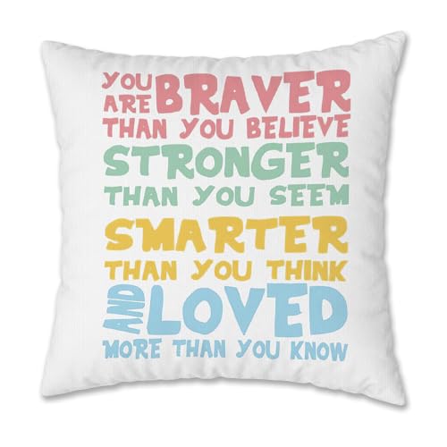 Pastel Inspirational Pillow Cover 18x18, Positive Affirmations for Kids, You are Braver Motivational Quotes Decorative Pillow Cover Pillowcase for Kids Room Nursery Playroom Home - color: Pastel Inspirational