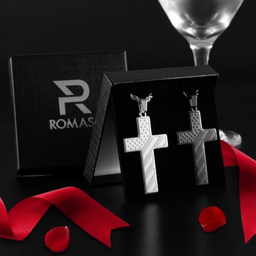Romass 2Pcs Cross Necklace for Men Boys, Bible Verse Stainless Steel Silver Black American Flag Chains for Men Pendant Jewelry Box - style: Lord's Prayer