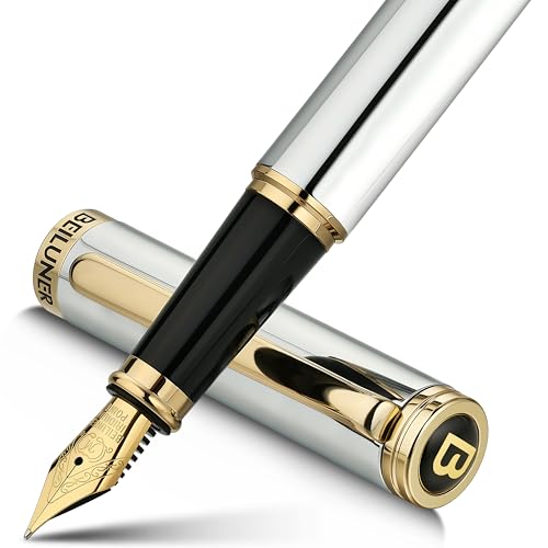 BEILUNER Silver Chrome Fountain Pen,Stunning Luxury with 24K Gold Accents, Gorgeous 24K Gilded Nib(Medium), Fancy Pen Gift for Men&Women -Ink Converter-Elegant, Office,Nice Pen for Writing - color: Silver Chrome and Gold Finish, style: Medium Nib
