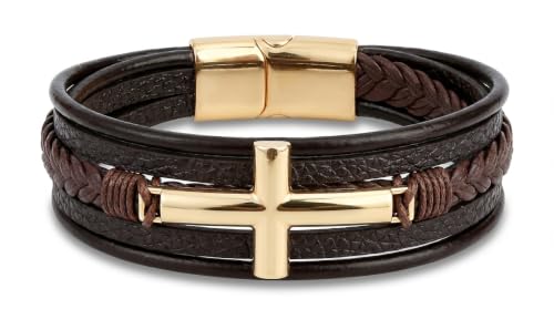 Stainless Steel Braided Leather Bracelet for Men Cuff Bangle Cross - color: Brown&Gold