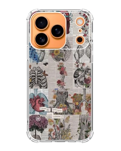 Aesthetic Biology Newspaper Skull Skelton Phone Case Compatible with iPhone 17 Pro, Anatomy Collage Artsy Phone Cover for iPhone 17 Pro - color: Newspaper Skull