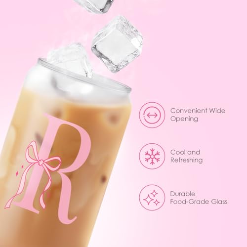 SANDJEST Monogrammed Glass Drinking Can Cup with Acrylic Lid and Straw, Personalized Frosted Iced Coffee Tumbler 16oz, Monogram Initial Gifts for Women Girls on Birthday (R) - color: R