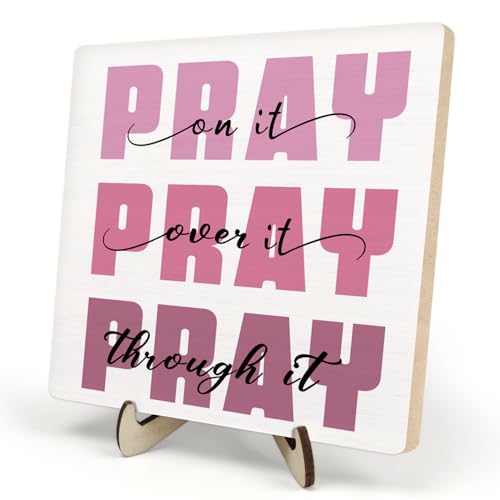 Inspirational Pink Wooden Plaque Sign Decor, Christian Gifts for Women, Religious Gifts, Bible Verse Gifts, Office Desk Room Home Dorm Decor Accessories, Pray through it (White-Pink, 5.9 x5.9 inches) - color: White-Pink
