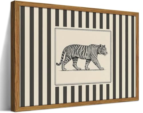 Framed Vintage Tiger Wall Art, Black and White Striped Wildlife Animal Pictures Wall Decor Painting, Modern Jungle Safari Minimalist Exotic Canvas Prints for Bedroom Living Room Bathroom-12×16inch - color: Striped Tiger, size: 16"L x 12"W