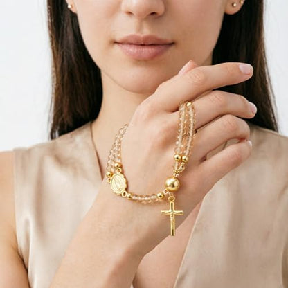 Cross Rosary Bracelet for Women Handcrafted Crystal Virgin Mary Cross Beaded Bracelets Christian Faith Link Bracelets Crucifix Religious Christian Faith Jewelry - color: Khaki