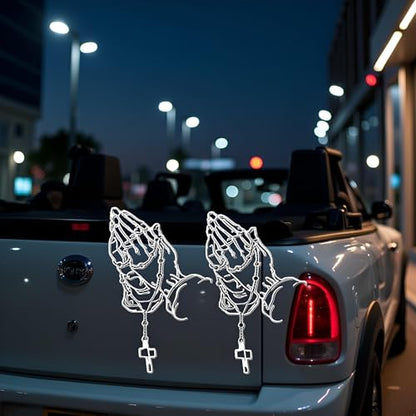 2 Pcs/Set White Hands Praying Pearl Jesus Car Sticker, Personalized Rosary Car Sticker, Waterproof Christ Decal Stickers Bumper Stickers for Laptop Motorcycle Door Wall Decoration