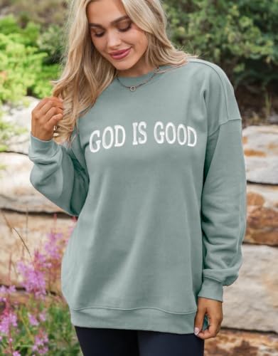 Womens God Is Good Christian Sweatshirt Oversized Crewneck Fleece Pullover - color: Sage Green, size: X-Large