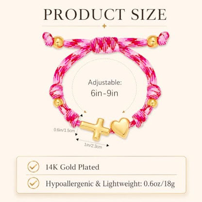 Pink Bracelets for Women Dainty Bubble Heart Cross Knotty Bracelet 14K Gold Plated Handmade Adjustable Rope Bracelets Jewelry Sunmmer Gifts