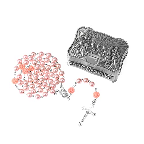 Rosary Beads for Women With Box, Blue Crystal Catholic Necklace, Last Supper Vintage Jewelry Box, Anglican Prayer Beads Christian Gifts - color: Pink Rose + Last Supper Rosary Box