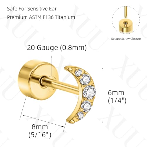 XUU 20G Flat Back Stud Earrings ASTM F136 Titanium & Sparkling CZ - color: gold moon