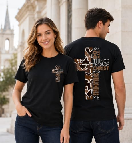 Christian Shirts for Men I Can Do All Things Through Christ Cross T-Shirt - color: Black, size: XX-Large