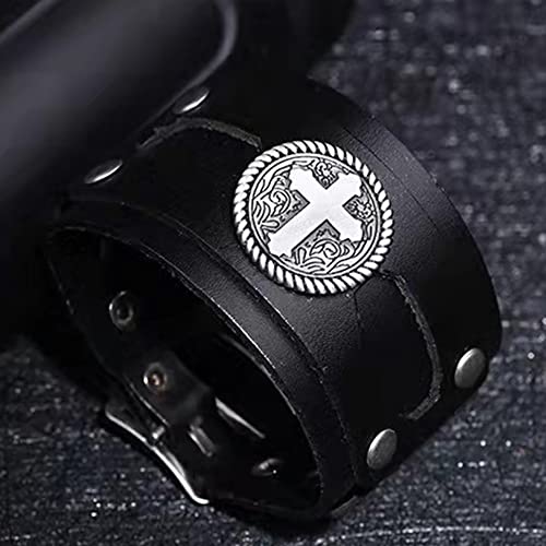 NIGHTCRUZ Wide Leather Bracelet with Cross, Medieval Leather Cuff Wristband for Mens - color: Black