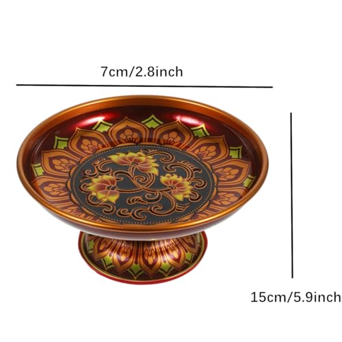 Buddhist Plate Offering Bowls Food Dessert Snack Fruit Tray Blessing Tinplate Bowl for Altar, Dark Red Metal Plate for Shrine, Hindu,Sweets, Incense (6 Inch)