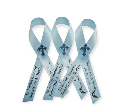 Personalized Memorial Service Funeral Ribbon Pins 20 Cross Religious Celebration of Life Custom Made Awareness Remembrance Anniversary Death Cross Sympathy Name Angel - color: Pastel Blue