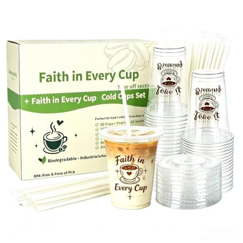 50 Count 16 oz compostable cold drink cups with lids and straws, plant-based PLA disposable tasting cups for juice cold drink sampling, gatherings, picnics, travel bachelor parties