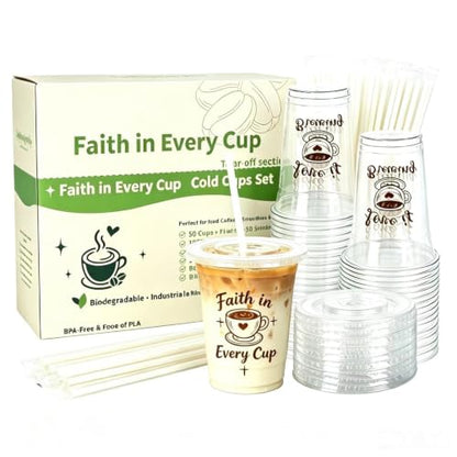 50 Count 16 oz compostable cold drink cups with lids and straws, plant-based PLA disposable tasting cups for juice cold drink sampling, gatherings, picnics, travel bachelor parties