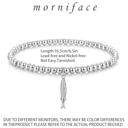 morniface Beaded Bracelet for Women, Handmade Stretch Bracelet with Charms, Dainty Stackable and Trendy Jewelry Gift - style: Silver Beaded-fish