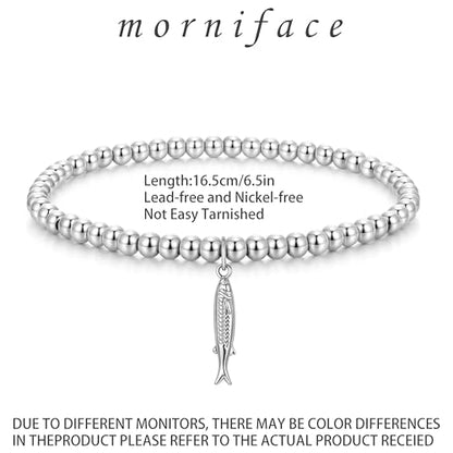 morniface Beaded Bracelet for Women, Handmade Stretch Bracelet with Charms, Dainty Stackable and Trendy Jewelry Gift - style: Silver Beaded-fish