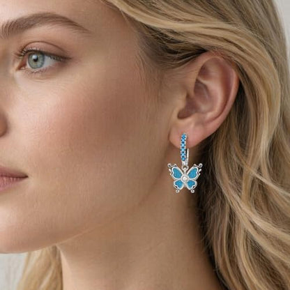 925 Sterling Silver Cute Animal Unique Huggie Hoop Earrings for Women - color: Blue Glitter Butterfly