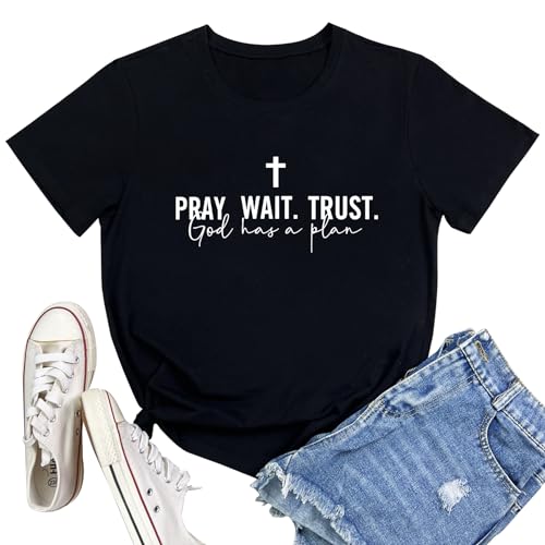 LOOKFACE Women Pray Wait Trust Soft Tees Cute Graphic T Shirts - color: Black, size: X-Large