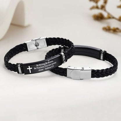Leather Bracelet Sobriety Gifts for Men : Inspirational Quote/Bible Verse Engraved Braided Black Mens Bracelet for Him, Customized Religious Christian Gift Jewelry for Son/Dad/Boys/Boyfriend/Husband - style: 07:Be Strong,Be Brave,Be Fearless