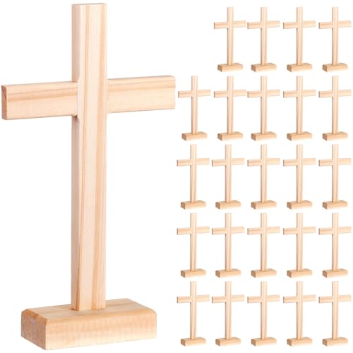 Suzile 24 Pcs Wooden Crosses for Craft Centerpiece Bulk Christian Nativity Tabletop Standing Baptism Religious Church Cross Sunday School First Communion Easter Party Favors, 8.66 x 4.72 Inch