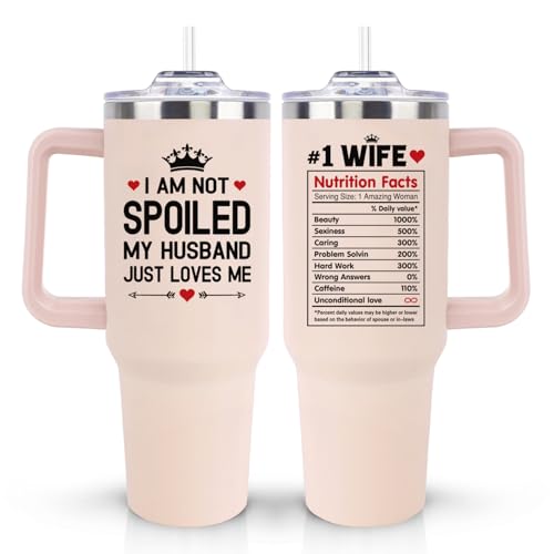 Mothers Day Gifts for Wife from Husband, Wedding Anniversary for Women Her, Wifey Birthday Gift On Christmas, Valentines Day - 40Oz Tumbler Cup With Handle And Straw - Wives Romantic Coffee Mug - color: Wife Pink