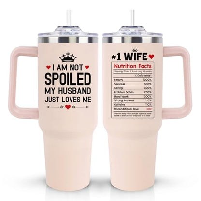 Mothers Day Gifts for Wife from Husband, Wedding Anniversary for Women Her, Wifey Birthday Gift On Christmas, Valentines Day - 40Oz Tumbler Cup With Handle And Straw - Wives Romantic Coffee Mug - color: Wife Pink