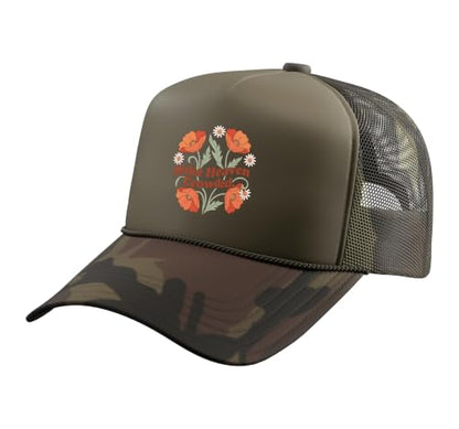 Christian Bible Verse Women Faith Make Heaven Crowded Trucker Hat with Adjustable Mesh Back - color: Camo Green