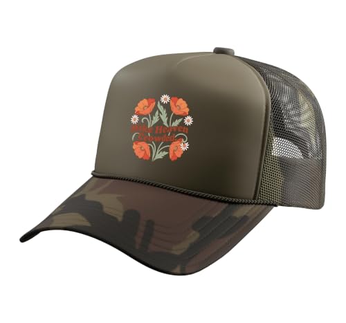 Christian Bible Verse Women Faith Make Heaven Crowded Trucker Hat with Adjustable Mesh Back - color: Camo Green