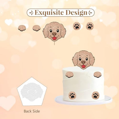 Puppy Dog Cake Topper, Dog Birthday Cake Decor, Brown Glitter Golden Retriever Paw Cake Topper for Boy, Pet Themed Birthday/Adoption Day Party Decoration - style: Puppy Dog