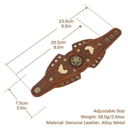 HZMAN Leather Bracelets Retro Men's Leather Cuff Bracelet Adjustable Wide Wristband Bracelet Jewelry Gift - color: Brown - Five-pointed Star