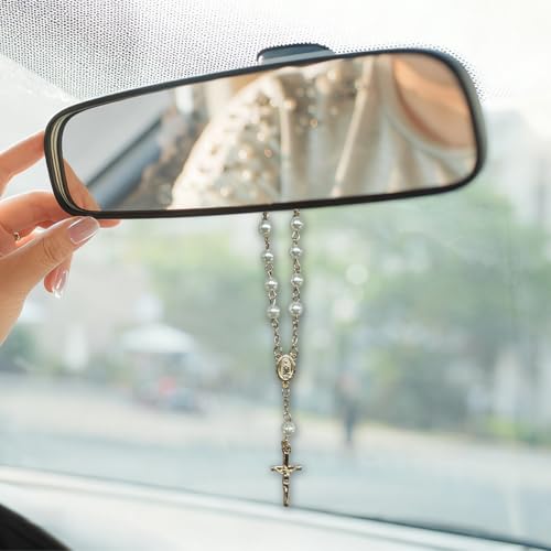 Cross Car Charm, Rosary Automotive Hanging Pendant, Blessing Vehicle Hanging Ornament, Personality Car Interior Decoration Accessories for Women, Men(Gold)