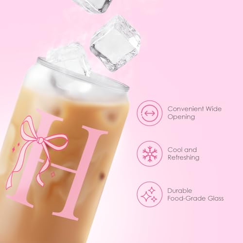 SANDJEST Monogrammed Glass Drinking Can Cup with Acrylic Lid and Straw, Personalized Frosted Iced Coffee Tumbler 16oz, Monogram Initial Gifts for Women Girls on Birthday (H) - color: H