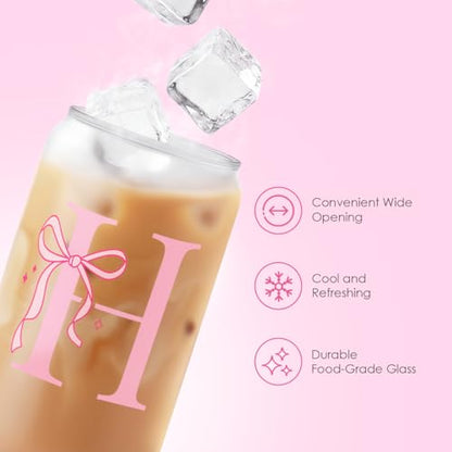 SANDJEST Monogrammed Glass Drinking Can Cup with Acrylic Lid and Straw, Personalized Frosted Iced Coffee Tumbler 16oz, Monogram Initial Gifts for Women Girls on Birthday (H) - color: H