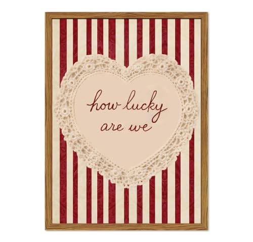 Framed How Lucky Are We Wall Art, Vintage Red Striped Pictures Wall Decor, Romantic Lace Heart Quote Paintings Canvas Prints Coquette Home Decor for Living Room Bedroom Bathroom 16x24 inch - color: Red Striped, size: 24"L x 16"W