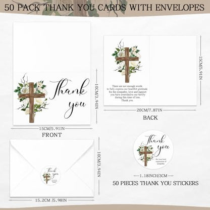 Spakon 50 Pack Funeral Thank You Cards with Envelopes and Stickers Bulk 4x6 Inch Sympathy Bereavement Thank You Cards with Message Floral Cross for Funeral Family, Celebration of Life(Cross)