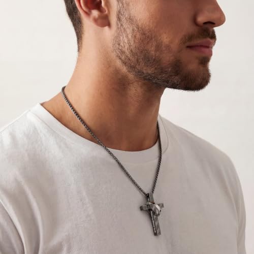 Cross Necklace for Men,Stainless Steel Ring Pendant Necklaces - color: black, style: 28:20 with ring
