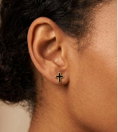Reffeer Solid 925 Sterling Silver Cross Stud Earrings for Women Teen Small Black Cross Earrings Studs - color: B-Yellow