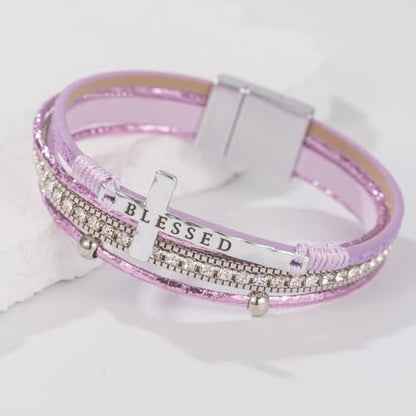 Christian Cross Leather Bracelets Boho Western Blessing Religious Jewelry - color: Purple