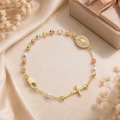 Gold Rosary Bracelet for Women Virgin Mary Jesus Cross Charm Link Chain Golden Religious Rosarios Catolicos Virgen de Guadalupe Bracelets Religious Jewelry Gift for Confirmation Baptism First Communion Gift - color: GoldPink