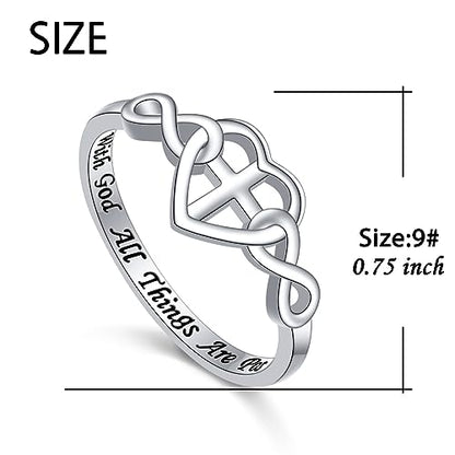 S925 Sterling Silver Christian Cross Heart Faith Bible Verse Necklace Rings - style: Ring:9