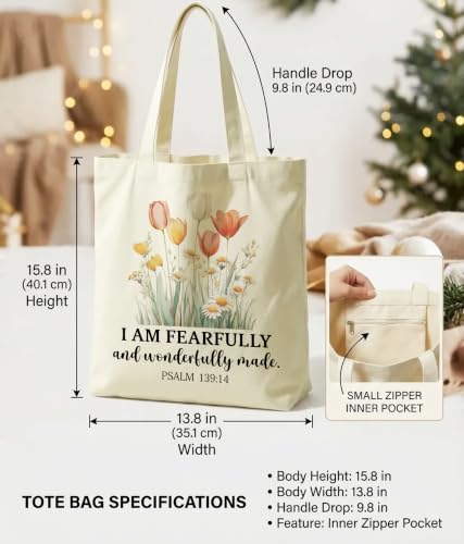 Christian Bible Verse Tote Bag for Women Faith Church - color: Fearfully