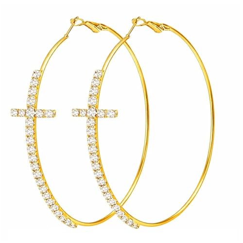 Large Cross Hoop Earrings for Women Sparkly Rhinestone Statement Jewelry for Prom Wedding Party Night Out Accessories Shiny Silver Tone Fashion Dangle Earings - color: Gold