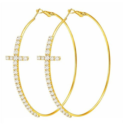 Large Cross Hoop Earrings for Women Sparkly Rhinestone Statement Jewelry for Prom Wedding Party Night Out Accessories Shiny Silver Tone Fashion Dangle Earings - color: Gold