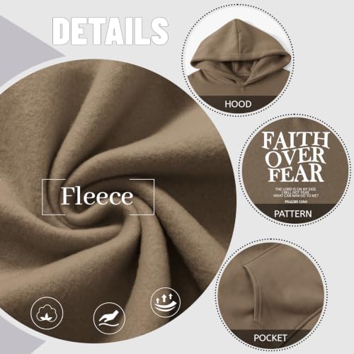 Wrenpies Faith Over Fear Hoodie for Women Christian Jesus Bible Verse Sweatshirt God Religious Oversized Tops - color: Coffee, size: X-Large