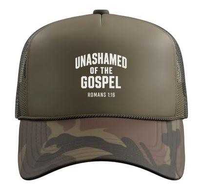 Unashamed of the Gospel, Christian Teen Romans 1:16 Trucker Hat with Adjustable Mesh Back - color: Camo Green